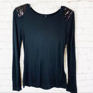 NEW Black Padded Shoulders Sequins Long Sleeve Top